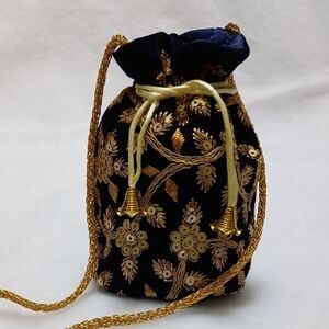 Elegant Gold and Black Embroidered Drawstring Bag